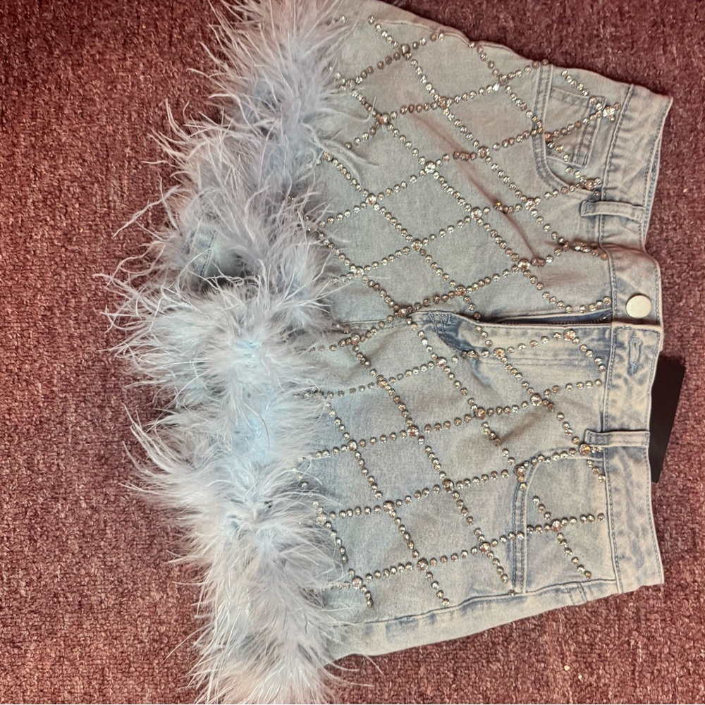 Studded Denim Shorts with Feather Trim